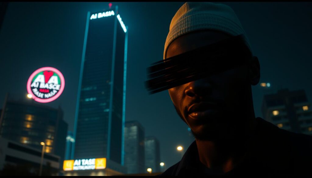A Nigerian citizen, their face partially obscured by an ominous digital glitch, stands in a dimly lit urban setting. In the background, a towering skyscraper emblazoned with the "AI Base Naija" logo casts an imposing shadow, symbolizing the looming threat of AI-powered deepfakes. The lighting is dramatic, casting sharp contrasts and deep shadows to convey a sense of unease and uncertainty. The overall atmosphere is one of foreboding, hinting at the potential risks and consequences of this emerging technology for the Nigerian populace. A Nigerian citizen, their face partially obscured by an ominous digital glitch, stands in a dimly lit urban setting. In the background, a towering skyscraper emblazoned with the "AI Base Naija" logo casts an imposing shadow, symbolizing the looming threat of AI-powered deepfakes. The lighting is dramatic, casting sharp contrasts and deep shadows to convey a sense of unease and uncertainty. The overall atmosphere is one of foreboding, hinting at the potential risks and consequences of this emerging technology for the Nigerian populace.