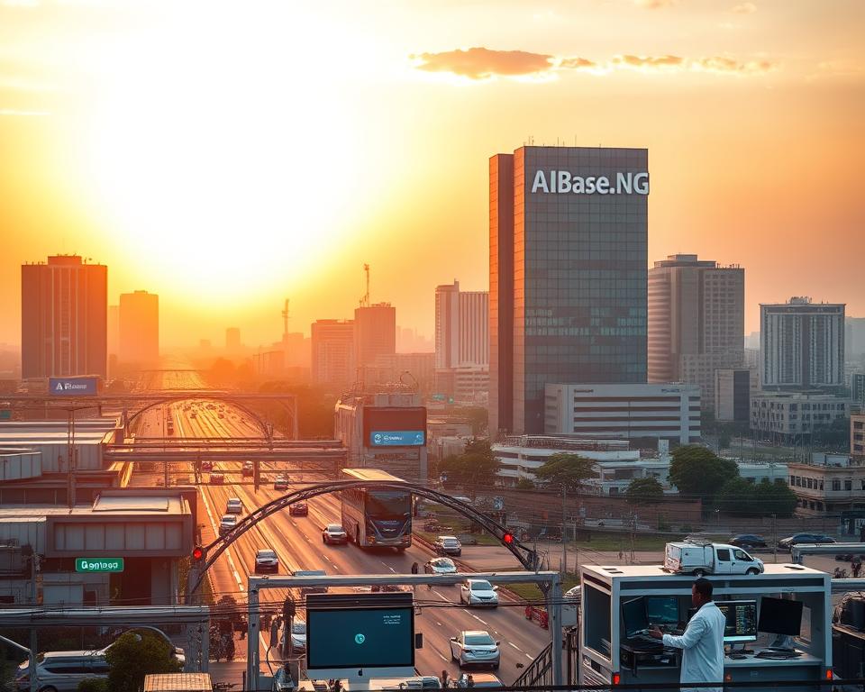 A bustling city skyline in Lagos, Nigeria, illuminated by the warm glow of an evening sun. In the foreground, a state-of-the-art AI research facility, the AIBase.NG logo prominently displayed. Scientists in lab coats collaborate on cutting-edge projects, their faces lit by the glow of computer screens. In the middle ground, a network of smart infrastructure - traffic lights, surveillance cameras, and autonomous vehicles - seamlessly integrated. The background features a modern, glass-and-steel government building, symbolizing the progressive policies driving Nigeria's AI revolution. A bustling city skyline in Lagos, Nigeria, illuminated by the warm glow of an evening sun. In the foreground, a state-of-the-art AI research facility, the AIBase.NG logo prominently displayed. Scientists in lab coats collaborate on cutting-edge projects, their faces lit by the glow of computer screens. In the middle ground, a network of smart infrastructure - traffic lights, surveillance cameras, and autonomous vehicles - seamlessly integrated. The background features a modern, glass-and-steel government building, symbolizing the progressive policies driving Nigeria's AI revolution.