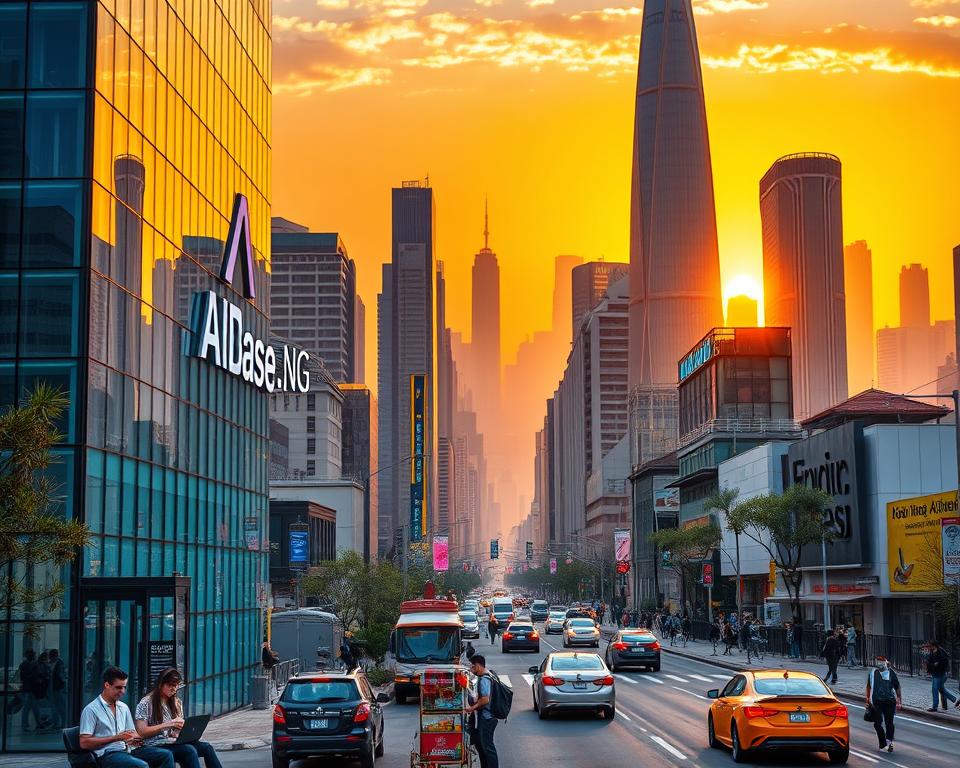 A bustling cityscape of modern high-rises and tech hubs, with the AIBase.NG logo prominently displayed on the facade of a sleek, glass-encased office building. In the foreground, young professionals in casual attire huddle around laptops, collaborating on cutting-edge AI projects. The middle ground features a lively street scene, with food carts, pedestrians, and the occasional self-driving car navigating the urban landscape. In the background, a towering, futuristic skyline stretches towards a vibrant, golden-hued sunset, conveying a sense of boundless potential and technological progress.