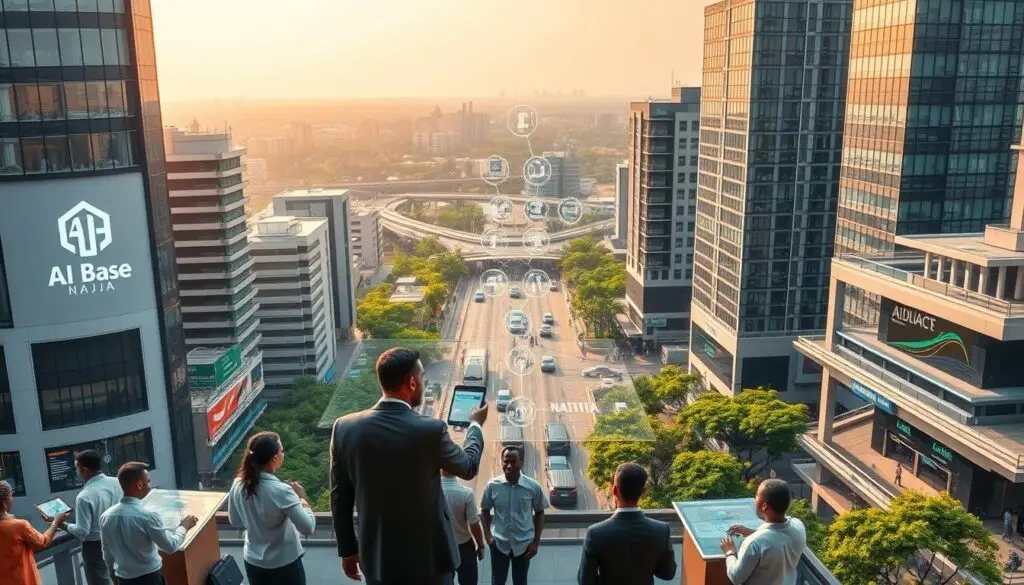 A bustling financial district in Lagos, Nigeria, with sleek high-rise buildings and the "AI Base Naija" logo prominently displayed. In the foreground, people in business attire interact with holographic interfaces, exchanging data and executing transactions. The middle ground showcases a mix of traditional banking activities and innovative AI-powered fintech solutions. In the background, a vibrant cityscape with lush greenery and a modern transportation network. The scene is illuminated by a warm, golden light, conveying a sense of progress and technological advancement in Nigeria's financial sector.