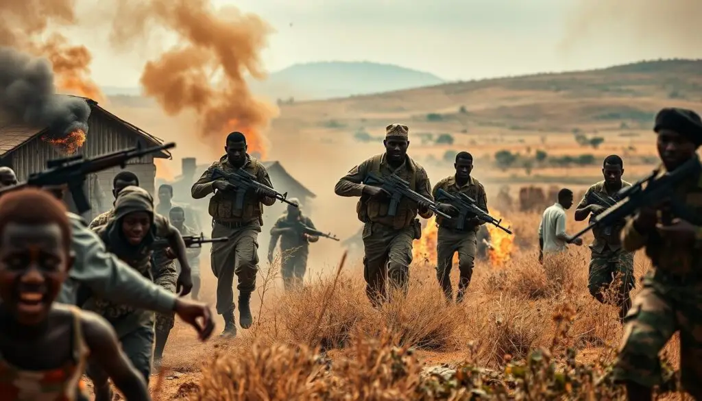 A chaotic scene unfolds in the Nigerian countryside, with armed militants from Boko Haram storming a village. In the foreground, terrified villagers flee in all directions, their faces etched with fear. Smoke billows from burning structures, casting an eerie orange glow over the landscape. In the middle ground, militants in military fatigues brandish assault rifles, their expressions hardened by years of violent conflict. The background is a blurred tableau of the harsh Nigerian terrain, with scrubland and distant hills providing a somber backdrop to the unfolding tragedy. The lighting is dramatic, casting deep shadows and highlights that convey the gravity of the situation. The overall mood is one of intense dread and unrelenting violence, a stark illustration of the current landscape of terrorism in Nigeria.