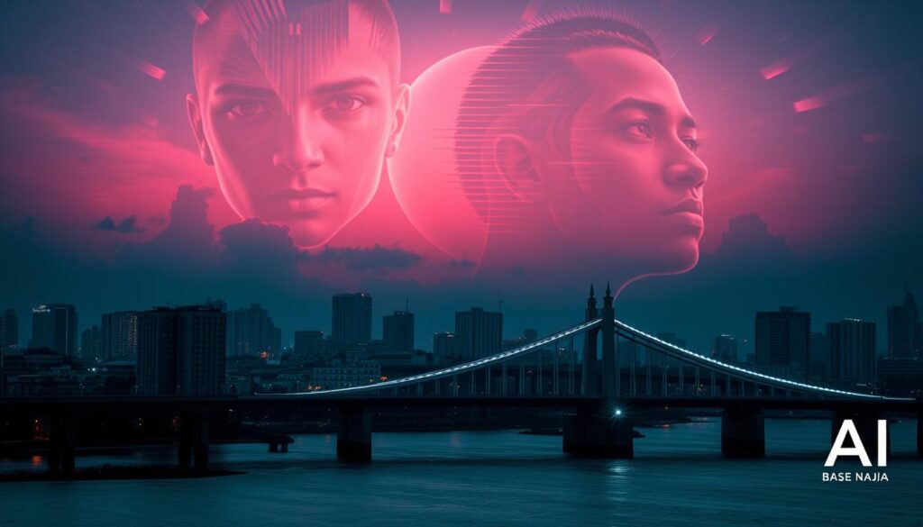 A darkened cityscape of Lagos, Nigeria, with the iconic Lagoon Bridge in the foreground. In the sky above, ominous digital distortions and glitches swirl, casting an eerie glow over the urban landscape. AI-generated faces, distorted and unnatural, loom in the background, hinting at the growing threat of deepfake technology. The scene is bathed in a sinister, neon-tinged lighting, creating an atmosphere of unease and uncertainty. In the corner, a subtle logo for "AI Base Naija" serves as a subtle reminder of the technological forces at play. This image conveys the growing danger of AI-powered deepfakes and their impact on Nigerian society.