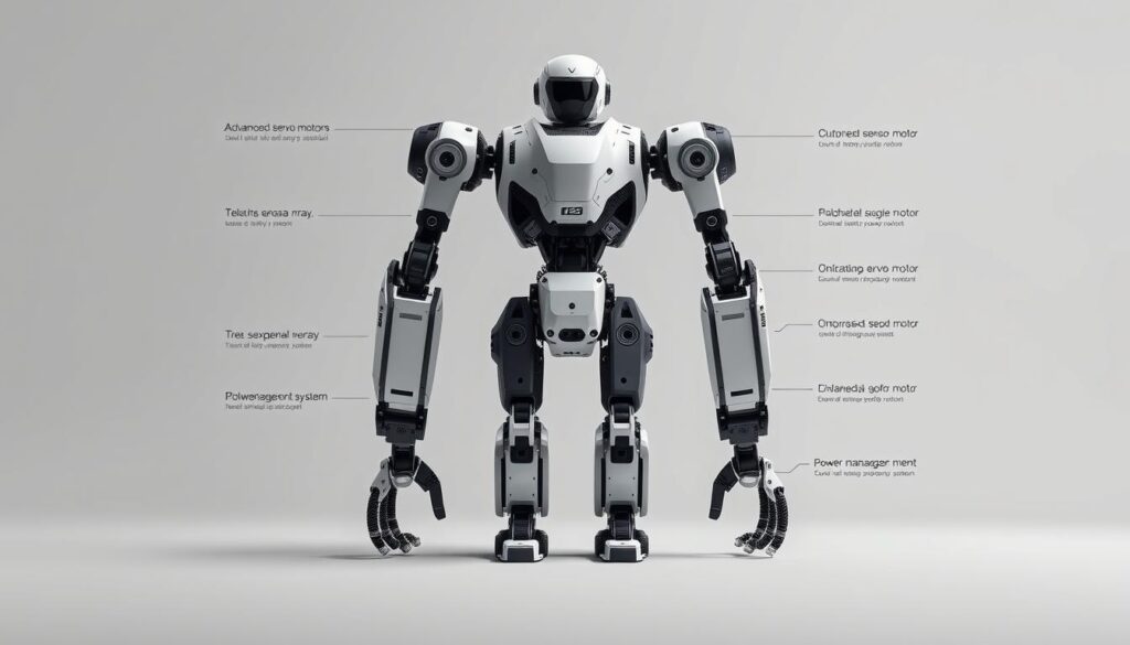 A detailed technical schematic of the Agibot A2 humanoid robot, rendered in a clean, technical style. The central focus is the robot's sleek, modular design, with annotated diagrams highlighting key components like the advanced servo motors, sensor array, and power management system. The background is a neutral gray, allowing the mechanical details to take center stage. Subtle lighting from an elevated angle casts subtle shadows, emphasizing the three-dimensional form. The overall tone is one of precision, functionality, and cutting-edge robotics engineering. A detailed technical schematic of the Agibot A2 humanoid robot, rendered in a clean, technical style. The central focus is the robot's sleek, modular design, with annotated diagrams highlighting key components like the advanced servo motors, sensor array, and power management system. The background is a neutral gray, allowing the mechanical details to take center stage. Subtle lighting from an elevated angle casts subtle shadows, emphasizing the three-dimensional form. The overall tone is one of precision, functionality, and cutting-edge robotics engineering.