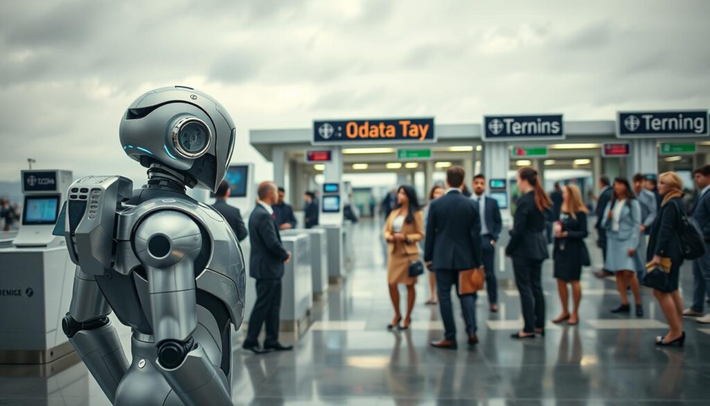 A futuristic border control scene featuring humanoid robots designed for crowd management. In the foreground, a sleek, metallic robot with a humanoid shape stands vigilant, equipped with sensors and screens displaying surveillance data. The middle ground showcases a diverse group of people dressed in professional business attire, calmly interacting with the robot as it offers assistance and information. The background reveals a modern border checkpoint, with high-tech scanning equipment and digital signage, all under an overcast sky providing soft, diffused lighting. Capture the mood of innovation and security, highlighting a harmonious interaction between technology and humanity, with a wide-angle view to emphasize the scale of the checkpoint. A futuristic border control scene featuring humanoid robots designed for crowd management. In the foreground, a sleek, metallic robot with a humanoid shape stands vigilant, equipped with sensors and screens displaying surveillance data. The middle ground showcases a diverse group of people dressed in professional business attire, calmly interacting with the robot as it offers assistance and information. The background reveals a modern border checkpoint, with high-tech scanning equipment and digital signage, all under an overcast sky providing soft, diffused lighting. Capture the mood of innovation and security, highlighting a harmonious interaction between technology and humanity, with a wide-angle view to emphasize the scale of the checkpoint.