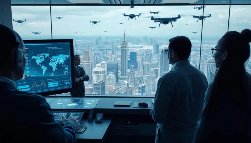A high-tech security control room with holographic displays and interactive interfaces. In the foreground, an analyst monitors real-time data feeds, using gesture-based controls to analyze threat patterns. In the middle ground, a team of experts collaborates, discussing AI-powered predictive analytics that identify potential risks. The background features a panoramic view of a bustling city skyline, with drones and autonomous vehicles patrolling the airspace. Soft blue lighting sets a somber, focused atmosphere, underscoring the gravity of the security challenges being addressed through advanced AI technologies.