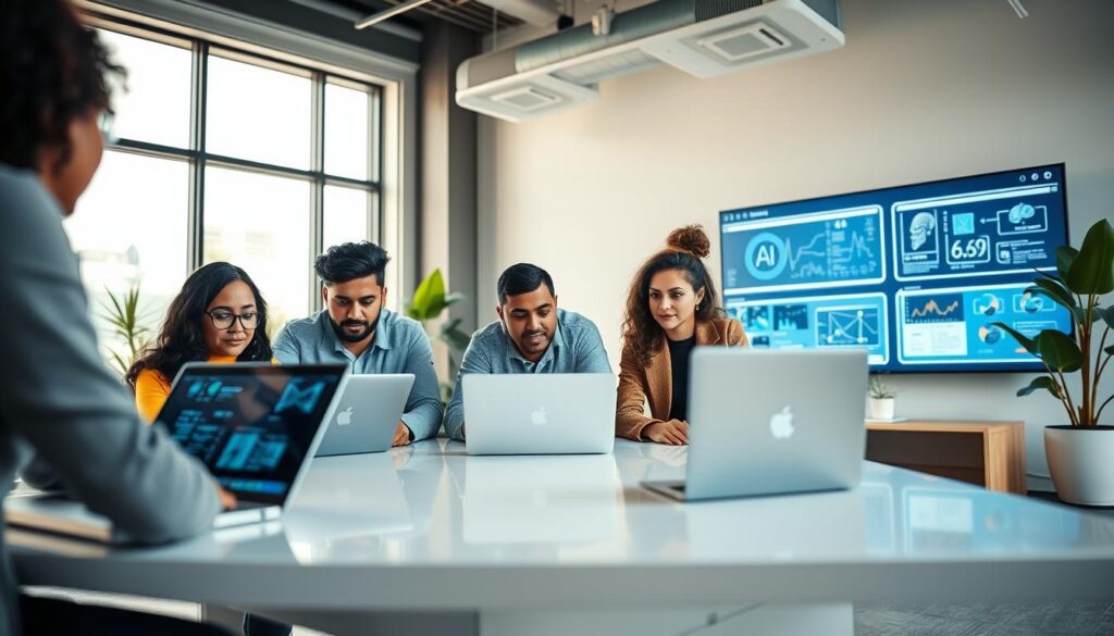 A modern office environment showcasing a group of diverse professionals engaged in Google AI training. In the foreground, focus on three individuals, one Black woman, one South Asian man, and one Hispanic woman, collaborating around a sleek table with open laptops displaying AI algorithms. In the middle ground, large digital screens display data visualizations and AI models. The background features a bright, airy space with large windows allowing natural light, plants for a touch of greenery, and minimalist decor enhancing a tech-savvy atmosphere. Use soft, ambient lighting to create a calm, focused mood, capturing the essence of innovation and collaboration. The angle should be slightly above eye level, providing a dynamic view of the workspace and the engaged participants. A modern office environment showcasing a group of diverse professionals engaged in Google AI training. In the foreground, focus on three individuals, one Black woman, one South Asian man, and one Hispanic woman, collaborating around a sleek table with open laptops displaying AI algorithms. In the middle ground, large digital screens display data visualizations and AI models. The background features a bright, airy space with large windows allowing natural light, plants for a touch of greenery, and minimalist decor enhancing a tech-savvy atmosphere. Use soft, ambient lighting to create a calm, focused mood, capturing the essence of innovation and collaboration. The angle should be slightly above eye level, providing a dynamic view of the workspace and the engaged participants.