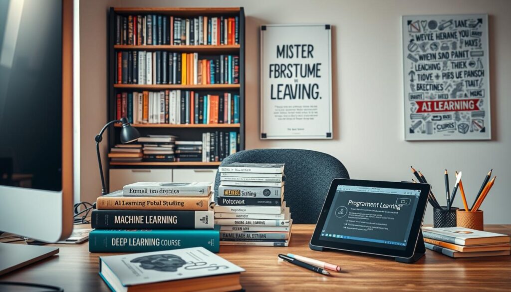 A well-lit, high-resolution image of a study area showcasing various AI learning resources. In the foreground, a desktop computer and books on machine learning and deep learning. In the middle ground, a stack of programming books, a tablet displaying an online course, and a tidy workspace with stationery. In the background, a bookshelf filled with AI-related texts and a large, inspirational poster on the wall. The scene conveys a sense of focus, determination, and a commitment to self-directed AI education.