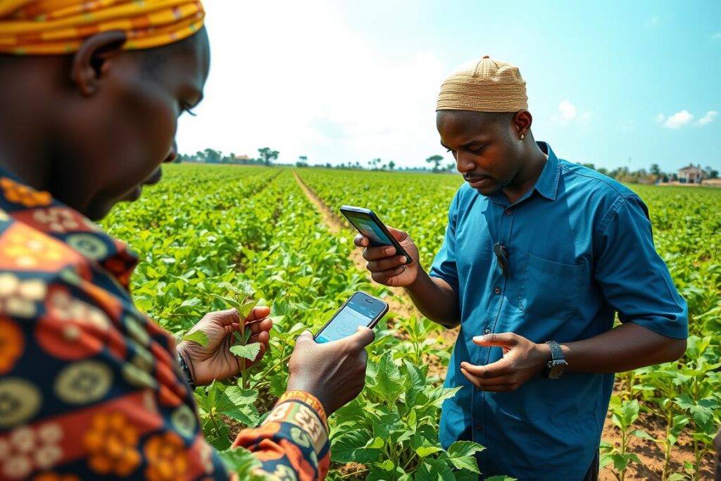 AI-powered agricultural app being used by African farmers in a field