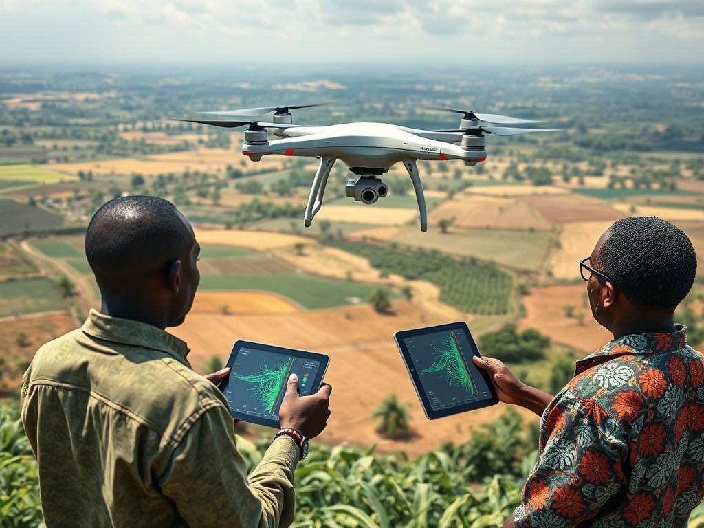AI-powered agricultural drones monitoring crop health as part of Africa AI development in precision farming