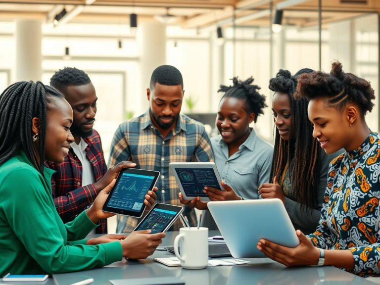 African entrepreneurs working with AI technology in a modern tech hub