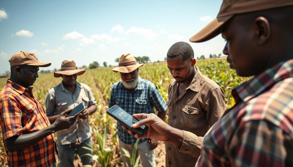 African farmers using AI tools on mobile devices to monitor crops and soil conditions