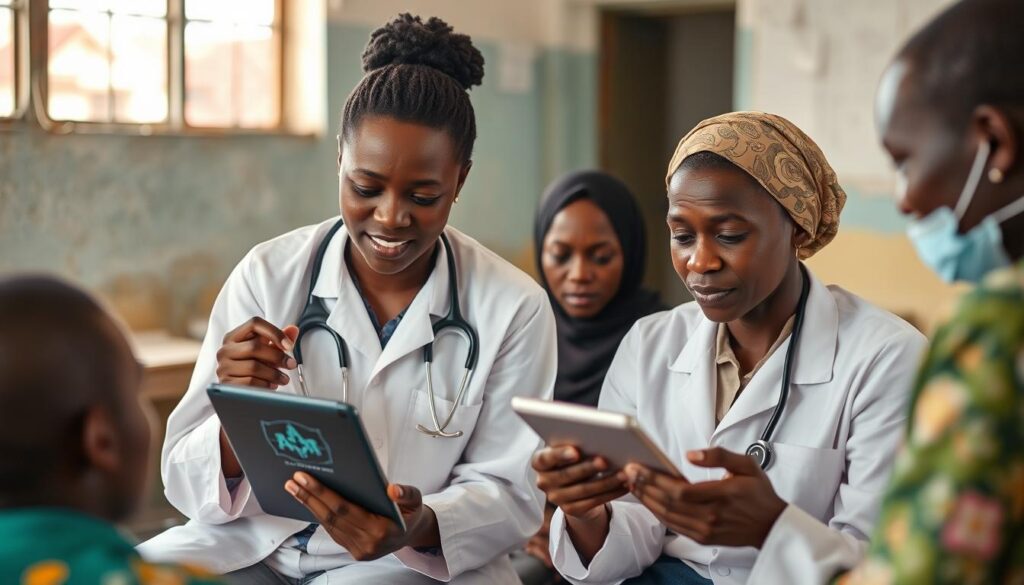 African healthcare workers using AI diagnostic tools developed through Africa AI development initiatives