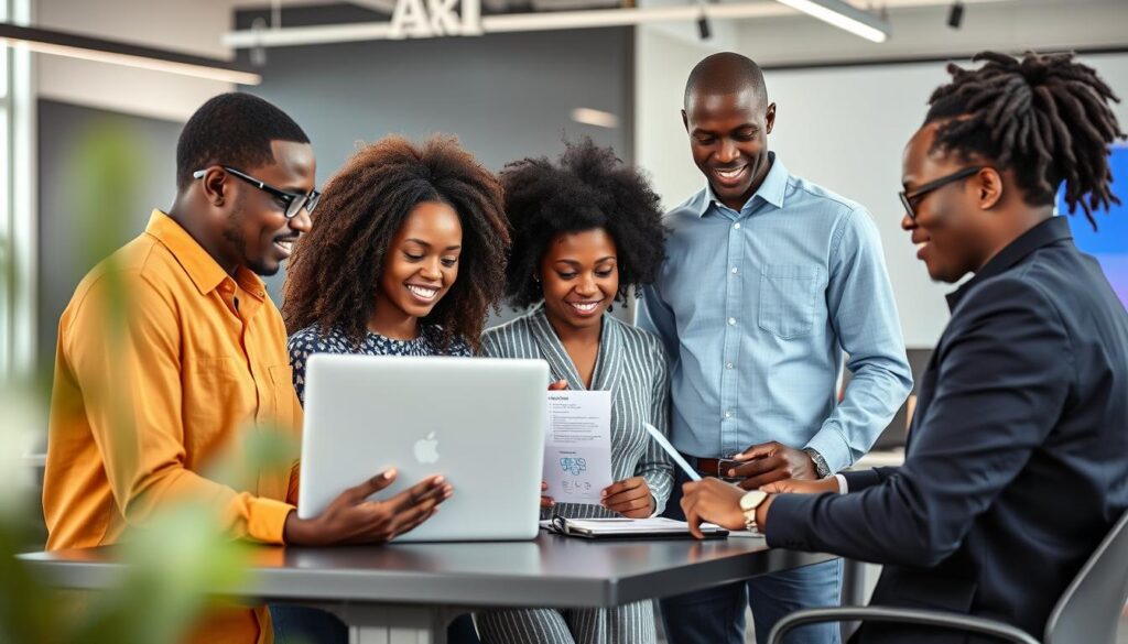 African tech professionals collaborating on AI solutions with Google tools