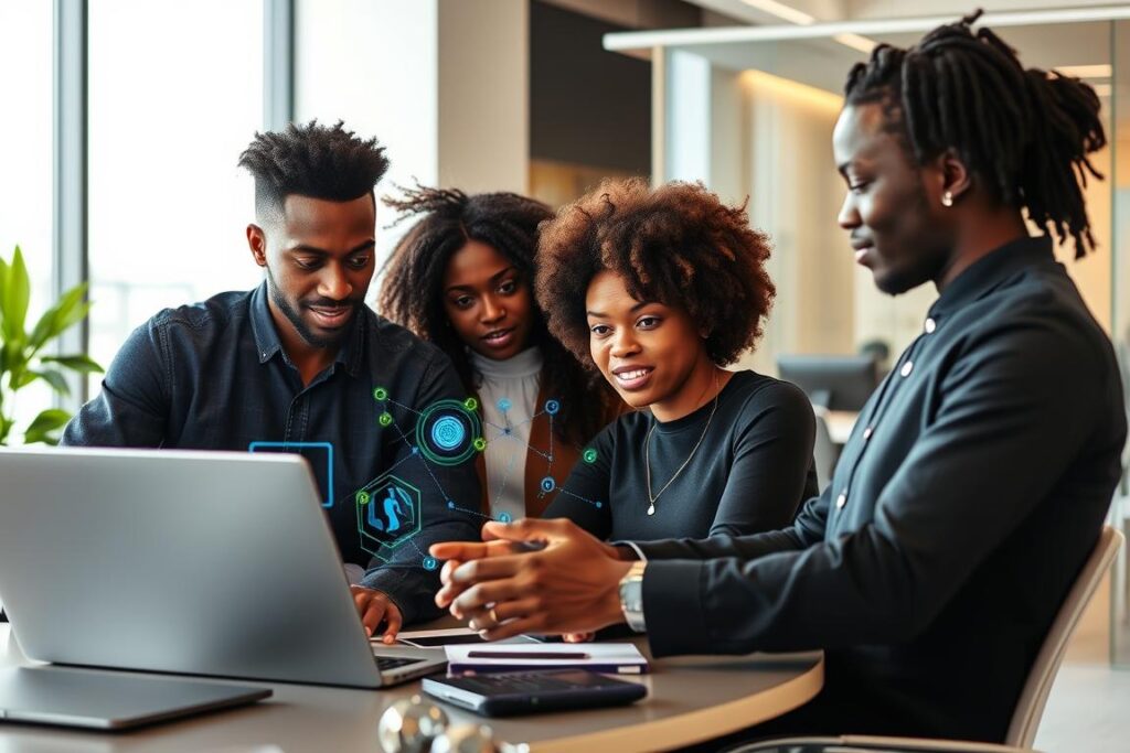 African tech startup team working with AI tools in a modern office space