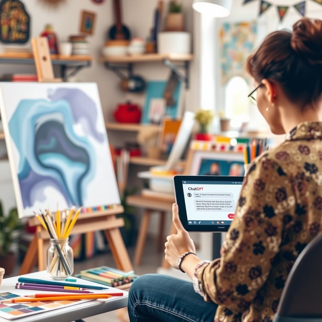 Artist using ChatGPT AI chatbot for creative inspiration