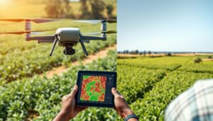 Drone monitoring crops on a Nigerian farm with AI technology analyzing plant health