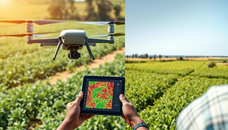 How AI is Transforming Nigeria’s Agricultural Sector: Current Applications and Future Potential Drone monitoring crops on a Nigerian farm with AI technology analyzing plant health