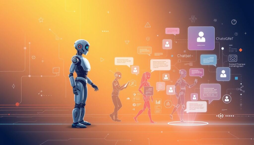 Futuristic visualization of AI chatbot evolution showing increasing specialization and integration Futuristic visualization of AI chatbot evolution showing increasing specialization and integration