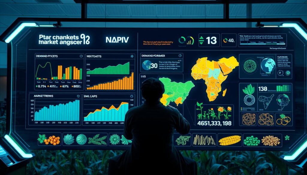 Futuristic visualization of AI market intelligence system analyzing Nigerian agricultural data