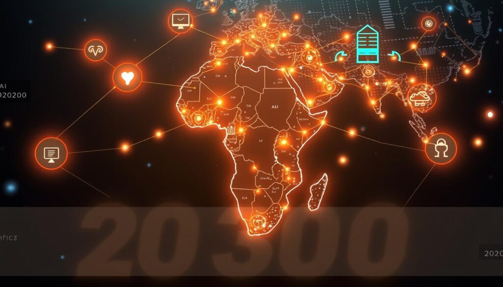 Futuristic visualization of Africa's AI development ecosystem with connected innovation hubs across the continent