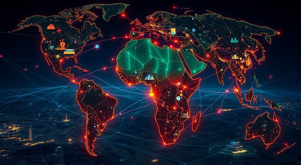 Futuristic visualization of Africa's AI-powered digital transformation showing connected cities and rural areas