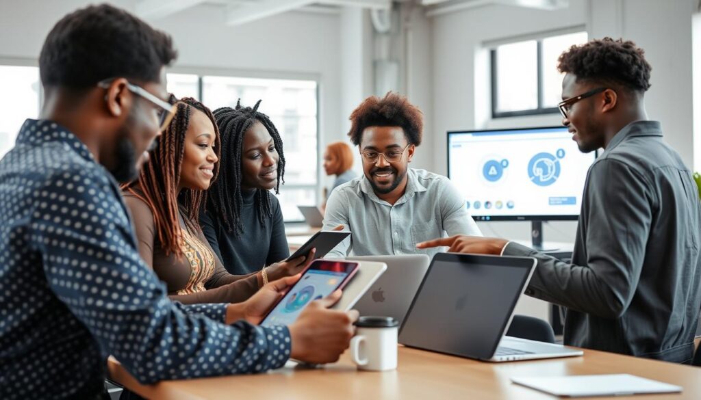 Group of Nigerian creators collaborating on AI-powered content