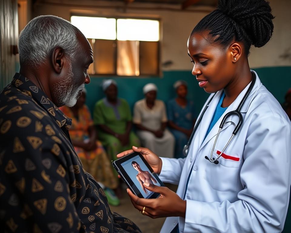 Healthcare professional using AI tools to assist patients in a rural Nigerian clinic