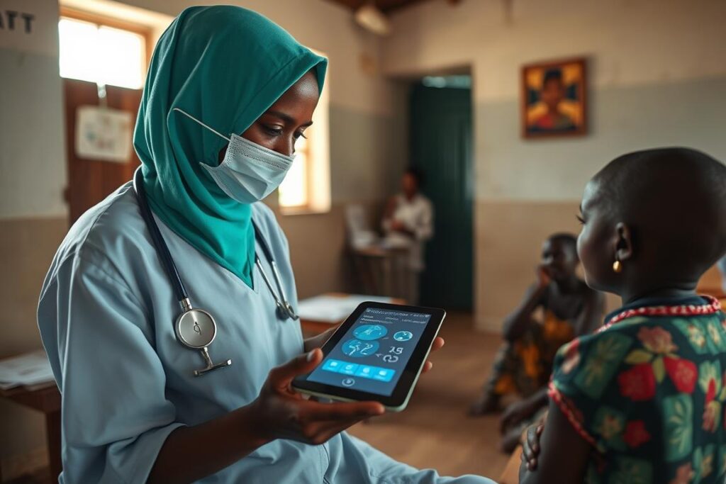 Healthcare worker using AI diagnostic tool in a rural African clinic
