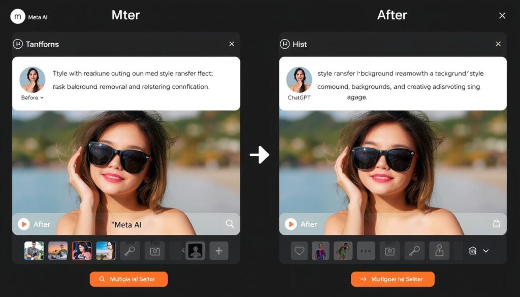 Meta AI interface showing image editing capabilities with style transfer and background removal Meta AI interface showing image editing capabilities with style transfer and background removal