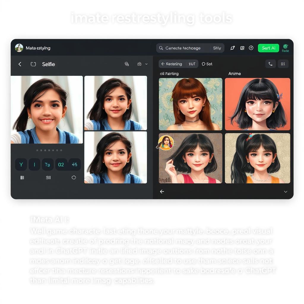 Meta AI's image restyling tools showing a selfie transformed into different artistic styles Meta AI's image restyling tools showing a selfie transformed into different artistic styles