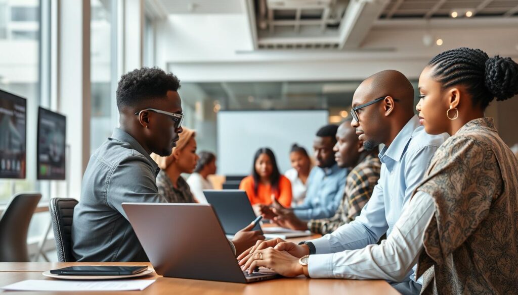 Nigeria AI Real Estate Hub showing collaboration between tech developers and real estate professionals Nigeria AI Real Estate Hub showing collaboration between tech developers and real estate professionals