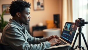 Nigerian creator using AI video editing software on laptop