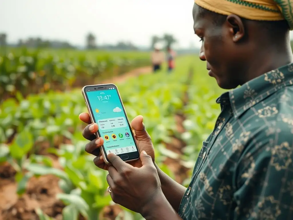 Nigerian farmer using AI agricultural advisory app on smartphone Nigerian farmer using AI agricultural advisory app on smartphone