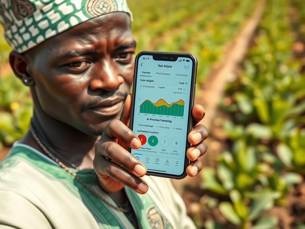 Nigerian farmer using a mobile app for precision farming with soil analysis data