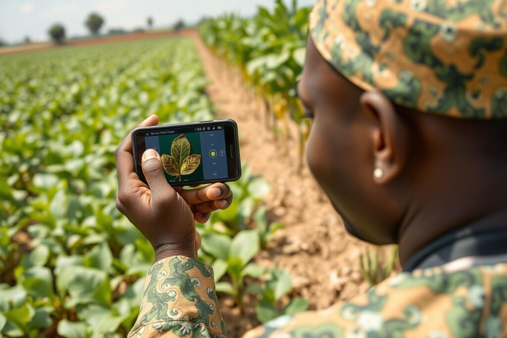 Nigerian farmer using a smartphone app to identify crop disease with AI