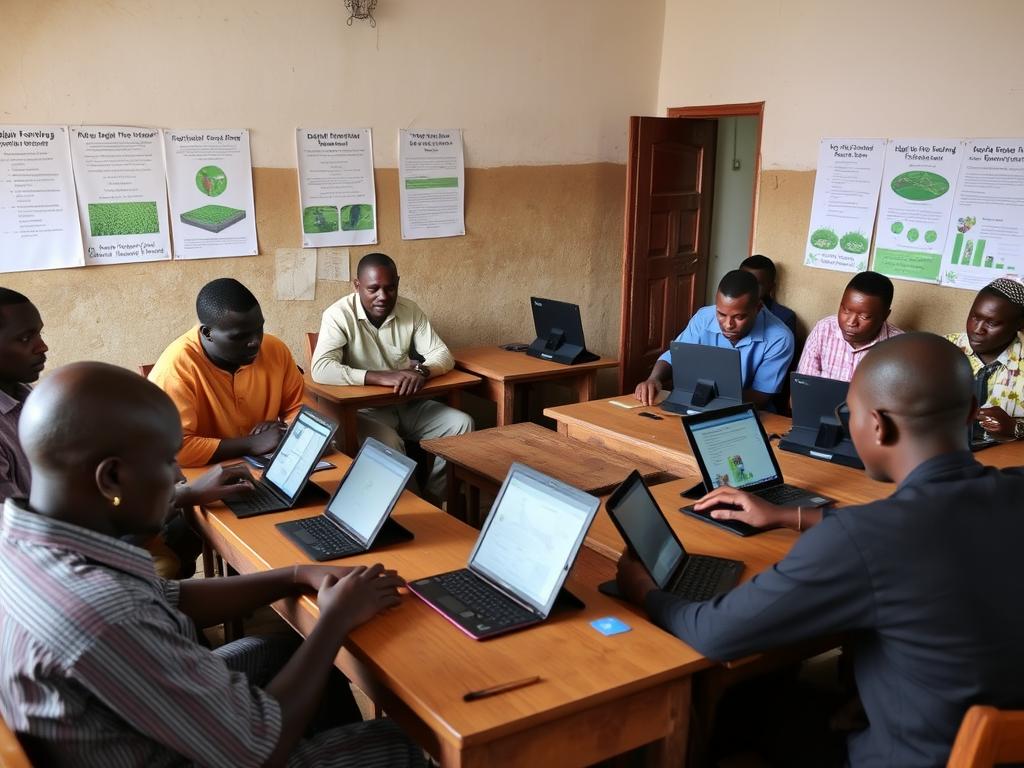 Nigerian farmers participating in a digital literacy training program for AI agricultural tools