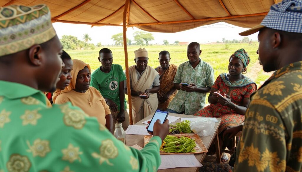 Nigerian farmers receiving training on mobile AI agricultural applications
