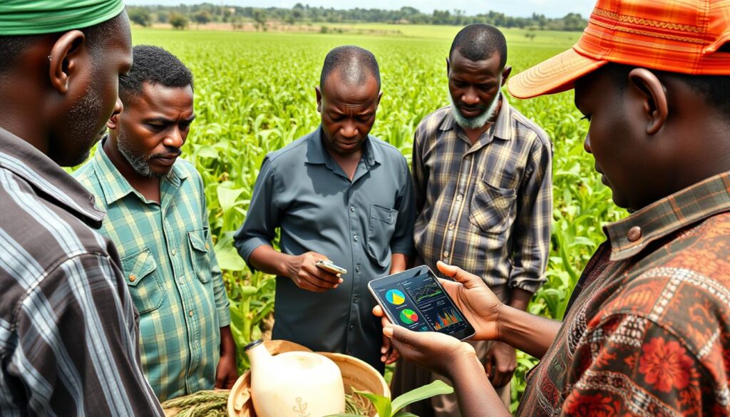 Nigerian farmers using AI-powered crop monitoring tools in rural farmland Nigerian farmers using AI-powered crop monitoring tools in rural farmland