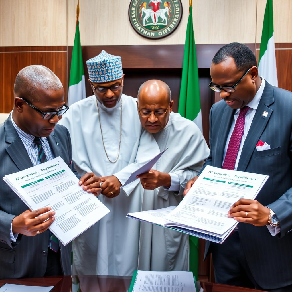 Nigerian government officials reviewing AI policy documents