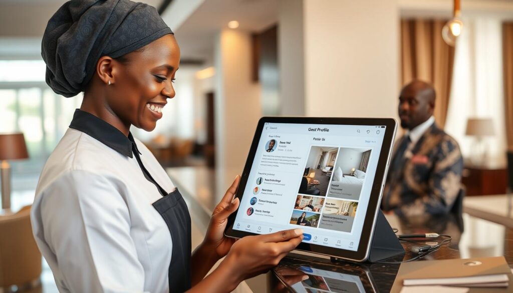 Nigerian hotel staff using AI-powered guest profile system to personalize service