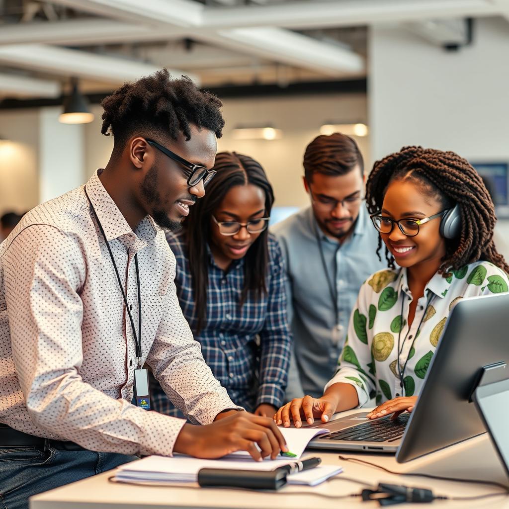 Nigerian tech developers working on AI applications in a startup environment