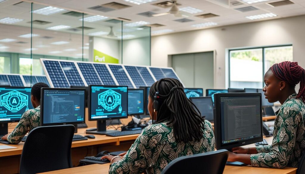 Nigerian tech students working with AI systems in a modern lab setting
