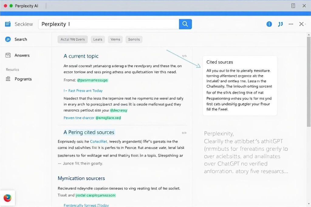 Perplexity AI interface showing search results with clear citations and source links Perplexity AI interface showing search results with clear citations and source links
