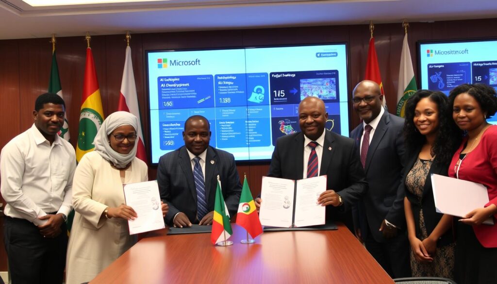 Representatives from government, academia and industry signing an Africa AI development partnership agreement