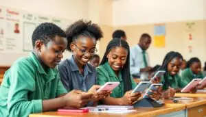 Students in Nigeria using AI-powered EdTech learning platform on tablets and smartphones
