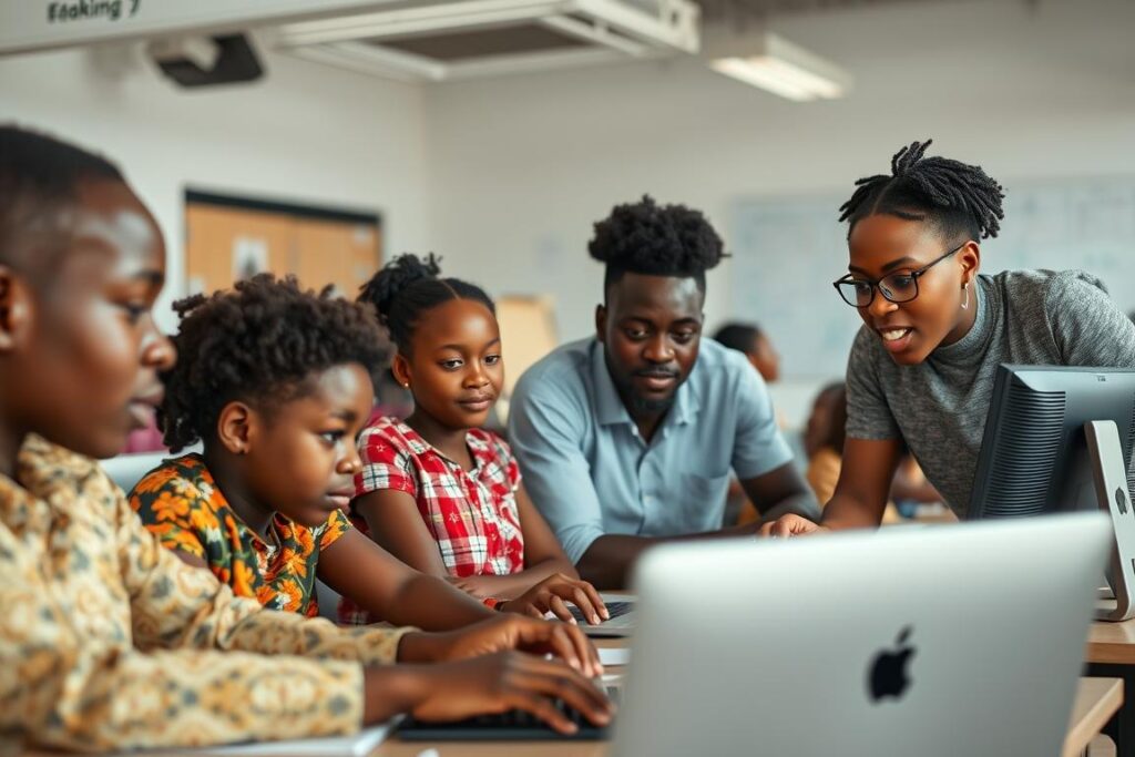 Students in a classroom learning AI skills through Google's education programs