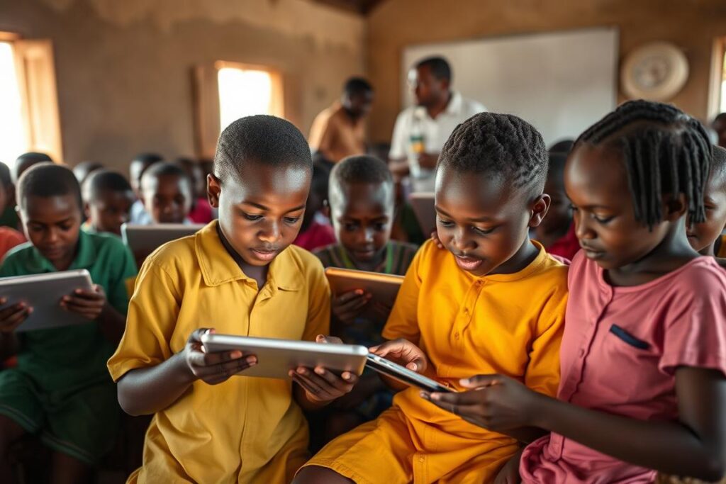 Students using AI-enhanced educational tools in an African classroom