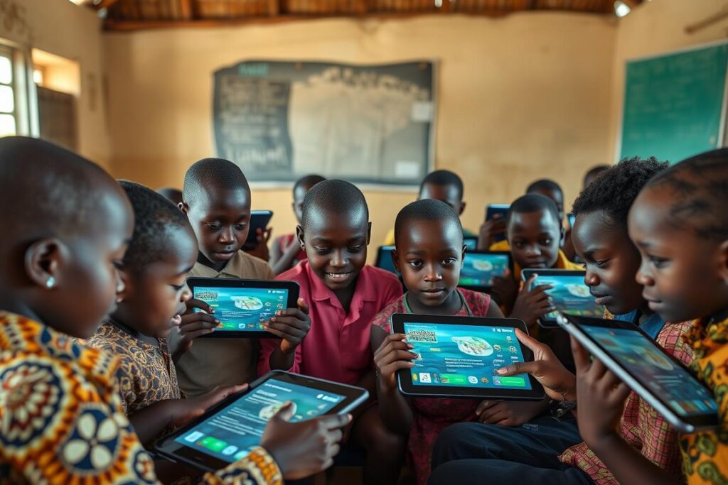 Students using AI-powered educational tools on tablets as part of Africa AI development in education
