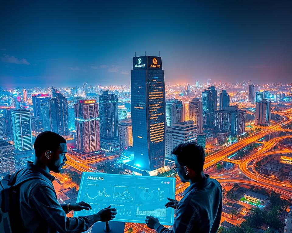 Vibrant cityscape of Lagos, Nigeria, bustling with AI-powered innovations. In the foreground, a group of tech entrepreneurs collaborating on a sleek AIBase.NG dashboard, their faces lit by the glow of futuristic holographic displays. In the middle ground, a towering skyscraper adorned with the AIBase.NG logo, symbolic of the company's growing presence in the Nigerian tech ecosystem. The background features a panoramic view of the city's skyline, with modern high-rises and transportation hubs, all connected by a network of AI-driven smart infrastructure. The scene exudes a sense of optimism and progress, capturing the dynamic energy driving the future of AI adoption in Nigeria. Vibrant cityscape of Lagos, Nigeria, bustling with AI-powered innovations. In the foreground, a group of tech entrepreneurs collaborating on a sleek AIBase.NG dashboard, their faces lit by the glow of futuristic holographic displays. In the middle ground, a towering skyscraper adorned with the AIBase.NG logo, symbolic of the company's growing presence in the Nigerian tech ecosystem. The background features a panoramic view of the city's skyline, with modern high-rises and transportation hubs, all connected by a network of AI-driven smart infrastructure. The scene exudes a sense of optimism and progress, capturing the dynamic energy driving the future of AI adoption in Nigeria.