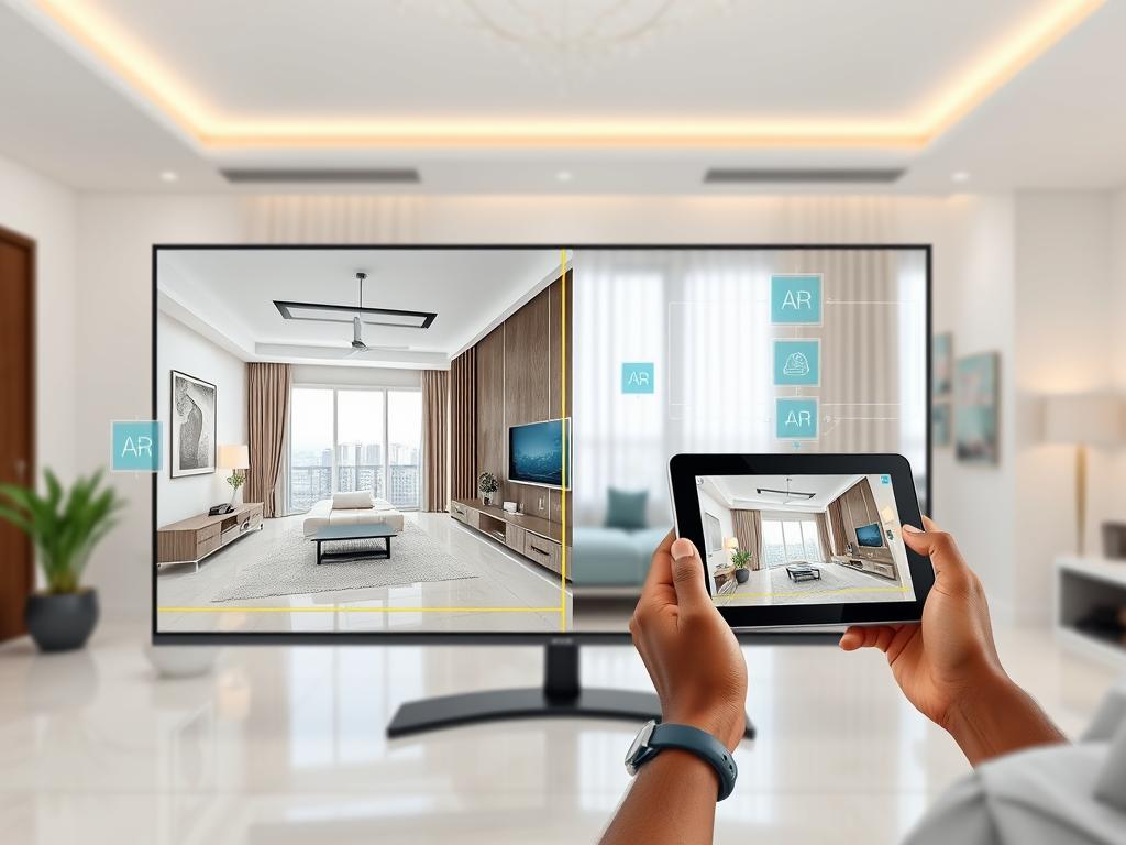 Virtual property tour using AI technology showing Nigerian property with digital overlay and remote viewing interface Virtual property tour using AI technology showing Nigerian property with digital overlay and remote viewing interface